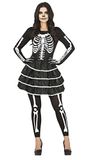 FIESTAS GUIRCA Skeletkostuum - korte jurk met ruches met skeletprint voor dames, volwassenen, maat M, 38-40
