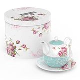 London Boutique Theeservies voor één persoon met theepot, theekop en schotel voor 1 persoon, Engels porselein, vintage bloemenpatroon, 350 m (turquoise)