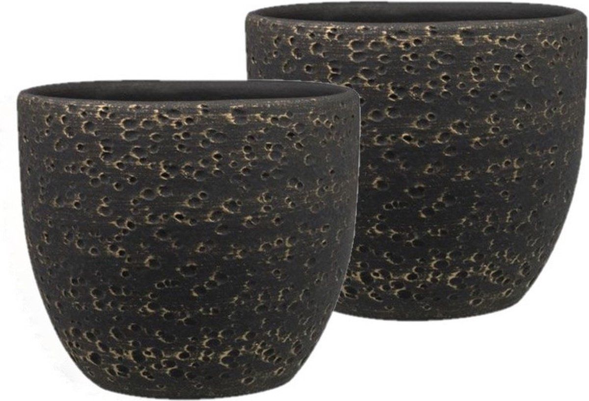 Steege Set van 2x plantenpotten/bloempotten lava-look zwart - Dia 17 cm - Hoogte 15 cm - Binnen
