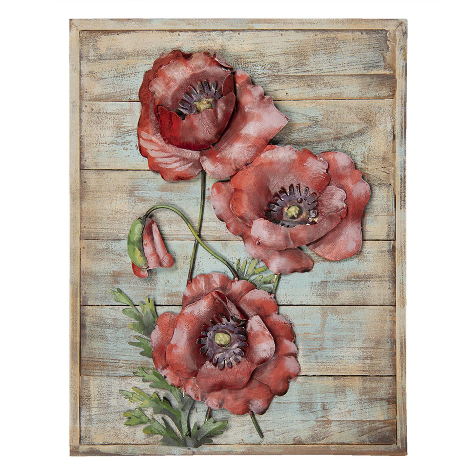 Clayre & Eef Metalen Schilderij - 50x4x40 cm - Rood - IJzer - Bloemen - Wanddecoratie