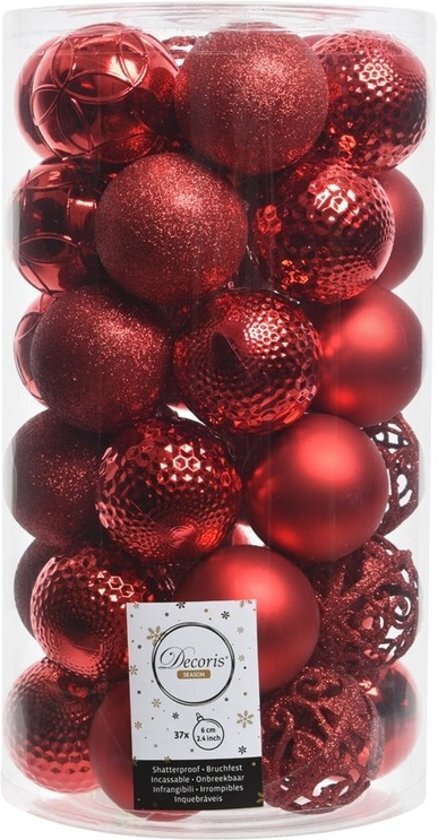 - Rode kerstversiering kerstballen set kunststof 6 cm 36 stuks