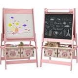 Tableau Éducatif 3-en-1 Pour Enfants Avec Rouleau De Papier, Tableau Noir, Tableau Blanc, Paniers De Rangement, 54 X 46,5 X 93 Cm, Rose