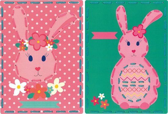 Vervaco Borduurkaart kit - Konijnen met bloemen set van 2