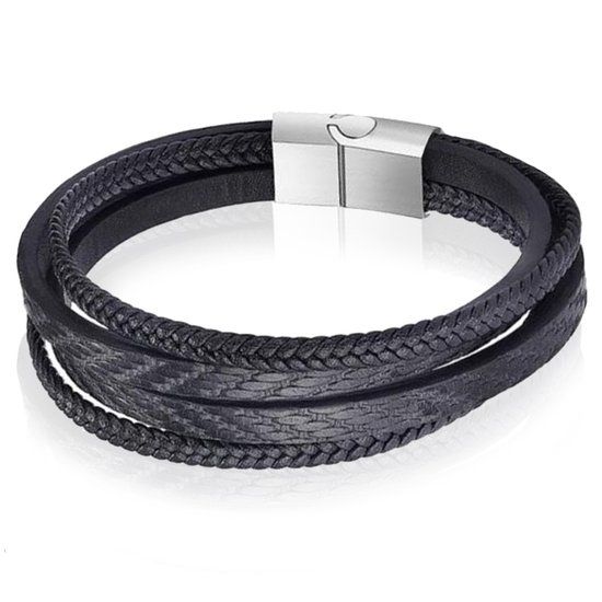 Mendes Leren armband heren Edelstaal Multi Zwart-18.5cm