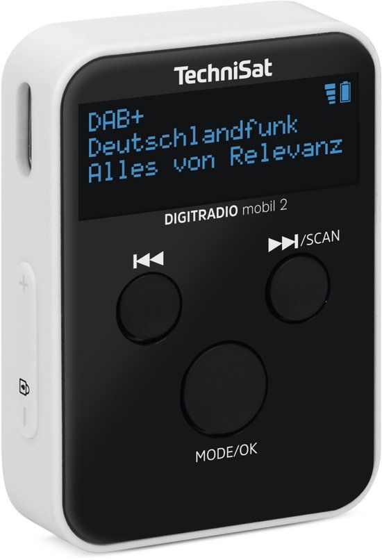 TechniSat DIGITRADIO mobil 2 – draagbare DAB+/FM mini-radio met geïntegreerde accu (oplaadbare zakradio, hoofdtelefoon, OLED-display, favorietengeheugen) zwart/wit