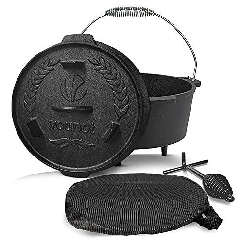 VOUNOT Dutch Oven stoofpan van gietijzer, 9 l, met deksel en tas, voor oven, Nederlandse oven, kookpan van gietijzer, voor camping, barbecue, buiten of binnen, inclusief draagtas