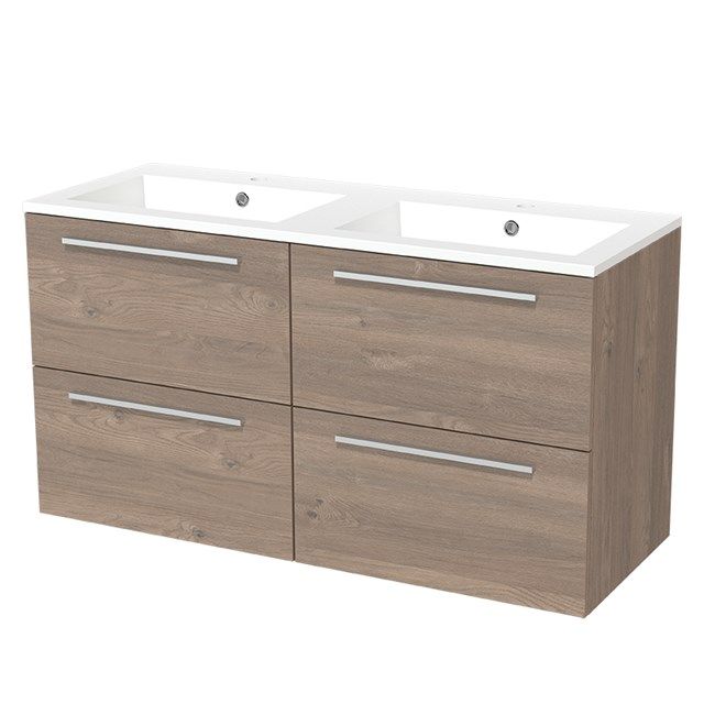 Maxaro Badkamermeubel 120cm Modulo Middenbruin Eiken 4 lades Vlak Wastafel Mineraalmarmer
