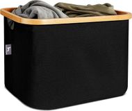 Hennez Laundry Basket Opbergmand 40L Zwart/Hout Rechthoek Polyester Inklapbaar met Handgrepen