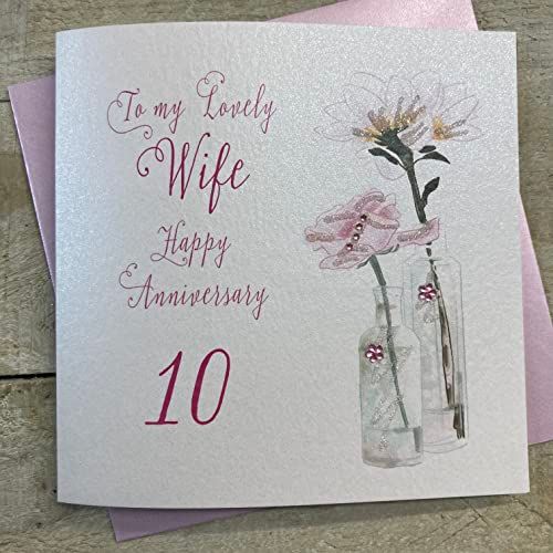 Handmade Anniversary Card - Happy Lovely Wife - White Cotton - Dandelion (10th)