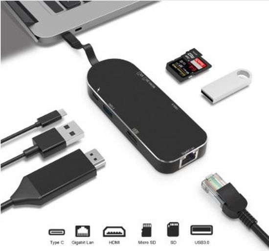 Drphone 7in1 Type C HUB - 2x USB 3.0 - 4K HDMI - Micro SD / SD - Ethernet LAN - Type C - RJ45 Gigabit Ethernet voor Macbook Pro - Zwart