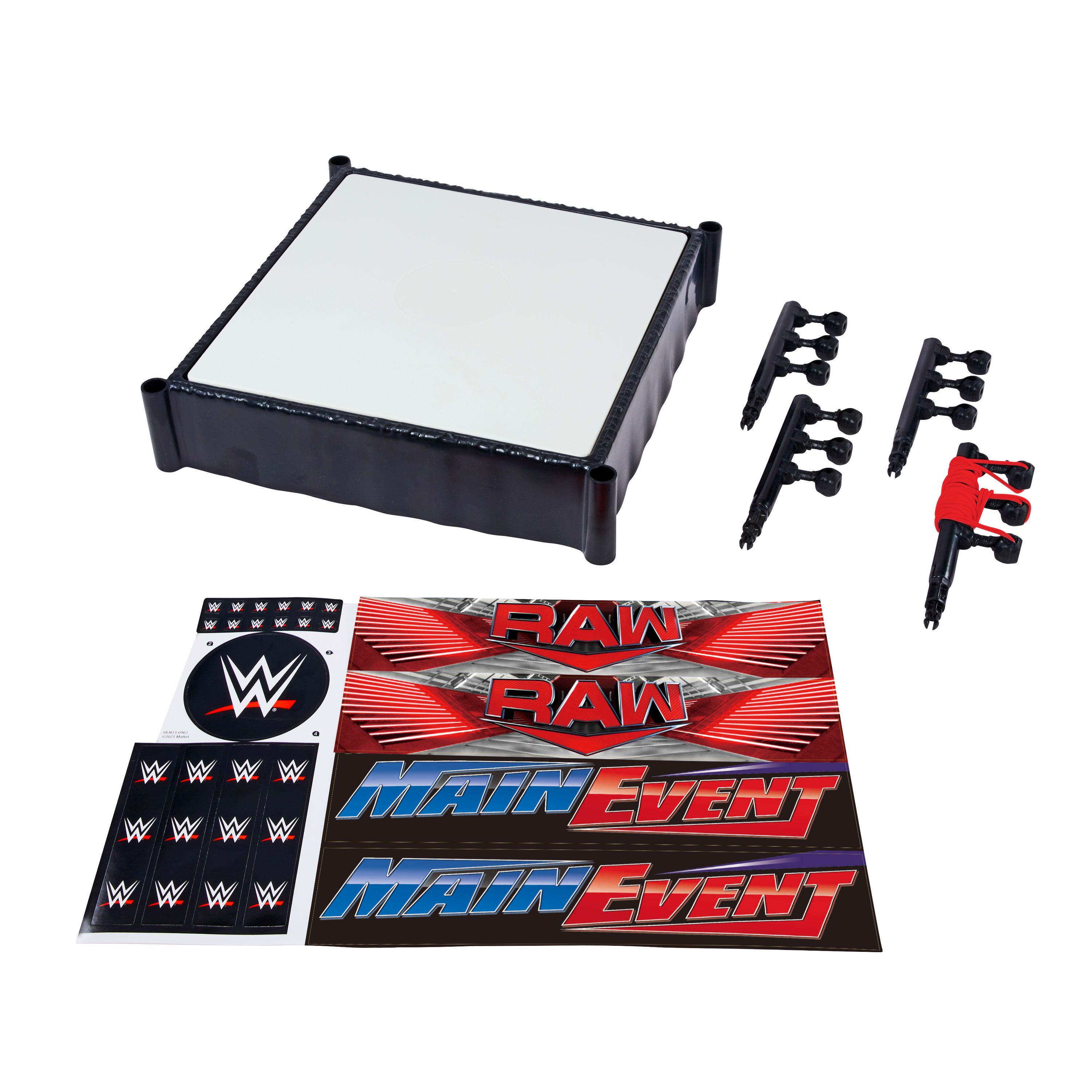 Mattel WWE Supersterrenring met labels voor Hoofdevenement en RAW, verende mat met elastische ringtouwen