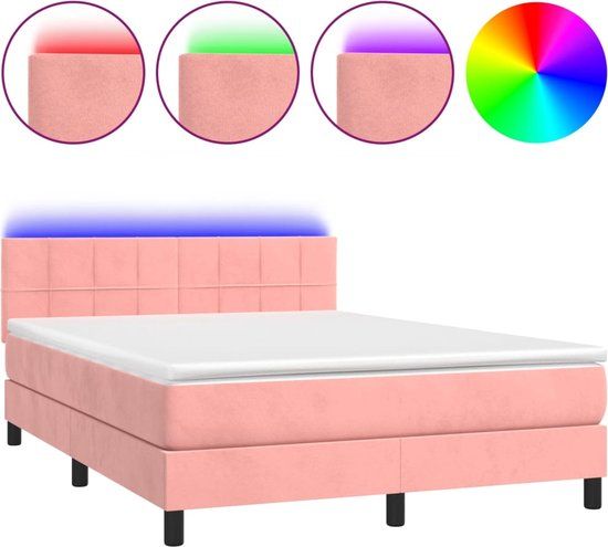 vidaXL Boxspring met matras en LED fluweel roze 140x200 cm