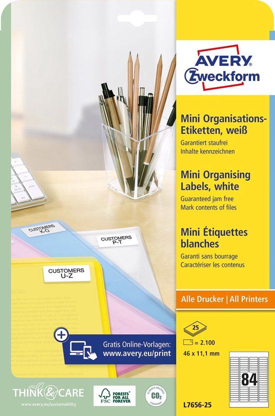 Avery L7656-25 Mini-etiketten - Laser - Wit - 2100 stuks