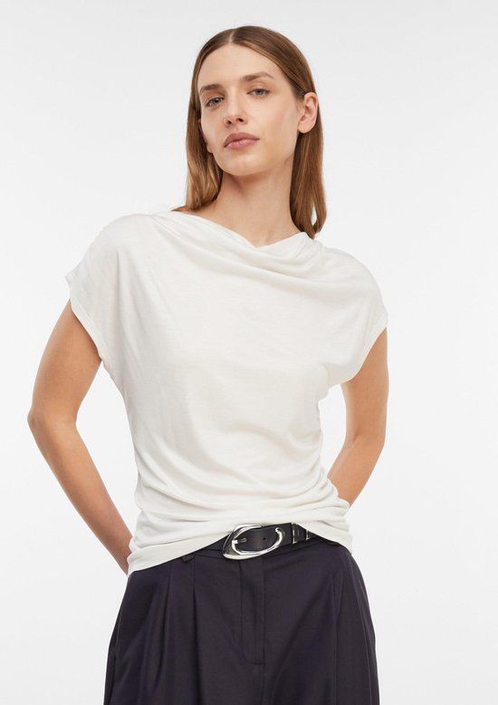 comma T-shirt Vrouwen Wit Viscose Ronde hals Korte mouw Extra kort Aansluitend Effen Lente/Zomer 2025