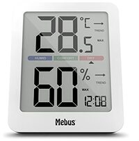 Mebus Digitaal klimaatstation met binnenthermometer en hygrometer, klok, comfortindicator voor perfecte kamertemperatuur, displayverlichting, min-max-functie, trendweergave, kleur: wit, model: 40928