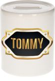 Bellatio Decorations Shoppartners Bv Spaarpot met voornaam Tommy - wit - met goud/zwart embleem - 8 x 9 cm - keramiek - met afsluitdop - cadeau verjaardag