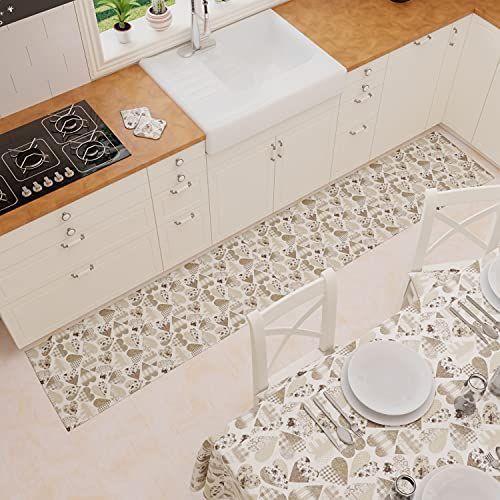 PETTI Artigiani Italiani - Keuken tapijt - 52 x 180 cm - Design harten beige - Antislip en wasbaar - Made in Italy