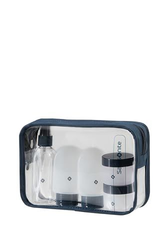 Samsonite TA Revolution Reisflessenset voor handbagage, 3 x 60 ml siliconen flessen en 2 x 30 ml containers, vliegtuigreisset, toilettas, transparant, blauw (Midnight Blue)