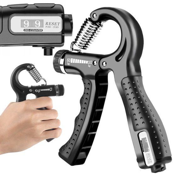 VerkGroup Handtrainer Verstelbaar 10-60 kg – Handknijper met Teller – Griptrainer voor Hand, Pols en Onderarm – Zwart
