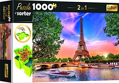 Trefl 10658 Set 2in1 puzzel + Sorteerder, 1000 stukjes puzzel zonsondergang over Parijs, 6 Tray puzzel Sorteerder, Set, Sorteren, Verplaatsen en Opbergen, Creatief Vermaak