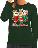 Bellatio Decorations Foute Kersttrui - sweater - kerstsokken met diertjes - Merry Christmas - groen - voor dames S