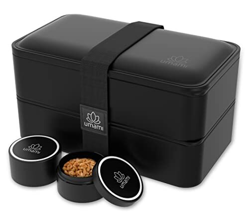 Umami Lunchbox, perfect cadeau voor dames en heren, met inbegrip van: 3-delig bestek en 1 bakje voor saus (dicht te draaien), luchtdichte Japanse bentobox met 2 lagen, magnetron- en vaatwasserbestendig, geen afval, BPA-vrij