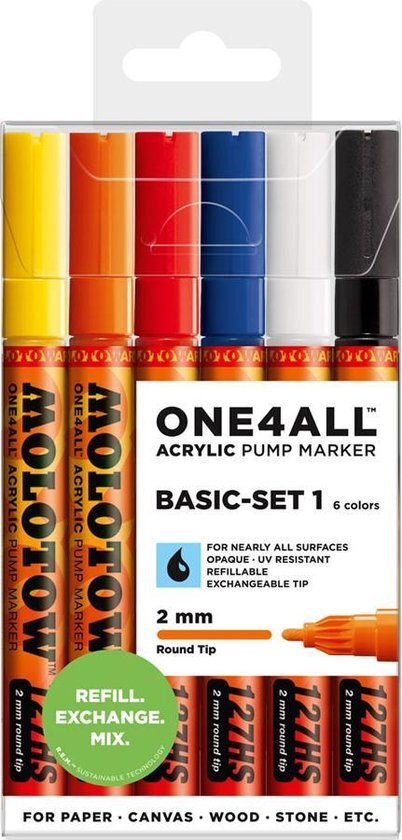 Molotow acryl stiften set - ONE4ALL 2 mm Basis Set 1 - 6 kleuren