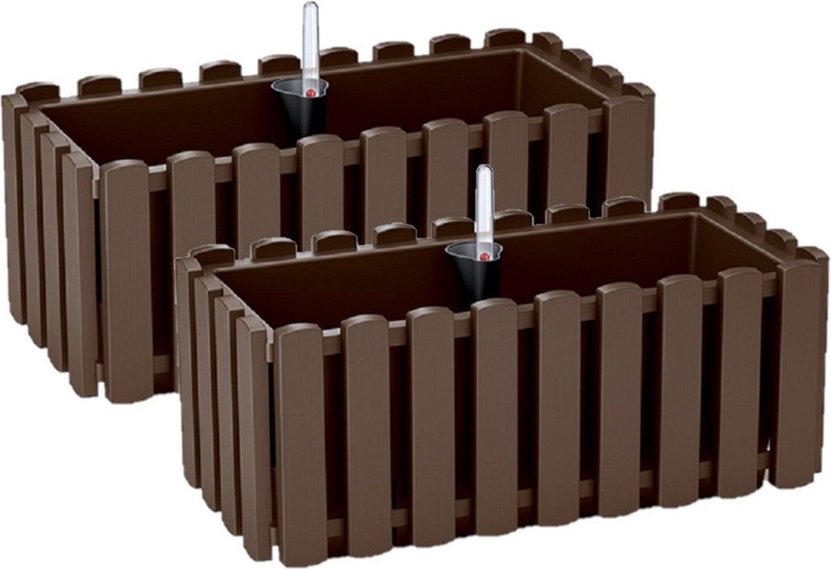 Prosperplast 2x plantenbakken/bloembakken kunststof 38 x 18 x 16 cm houtbruin met droogtemeter