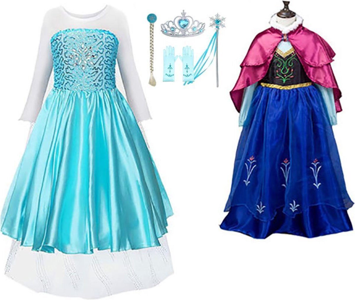 Het Betere Merk Carnavalskleding - Frozen Elsa Jurk + Anna Jurk - maat 128/134 (140) - Accessoires - Verkleedkleding Meisje - Prinsessenjurk