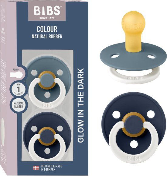 BIBS Colour Glow Speen verpakking van 2 stuks. BPA-vrij, Ronde speen. Natuurlijk rubberlatex, Gemaakt in Denemarken, Maat 1 (0-6 maanden), Petrol Glow / Deep Space Glow