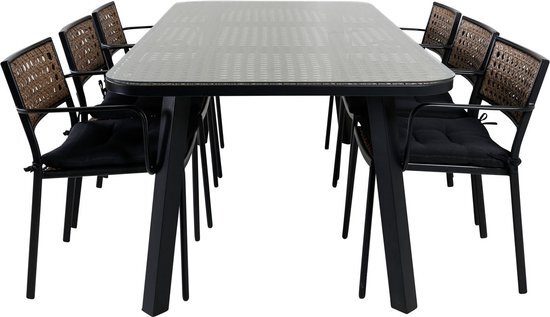 Paola tuinmeubelset tafel 100x200cm en 6 stoel Paola zwart, naturel.