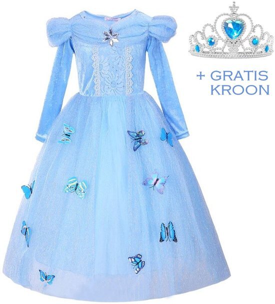 Spaansejurk NL Prinsessen jurk verkleedjurk 116-122 120 blauw Luxe met vlinders + GRATIS kroon