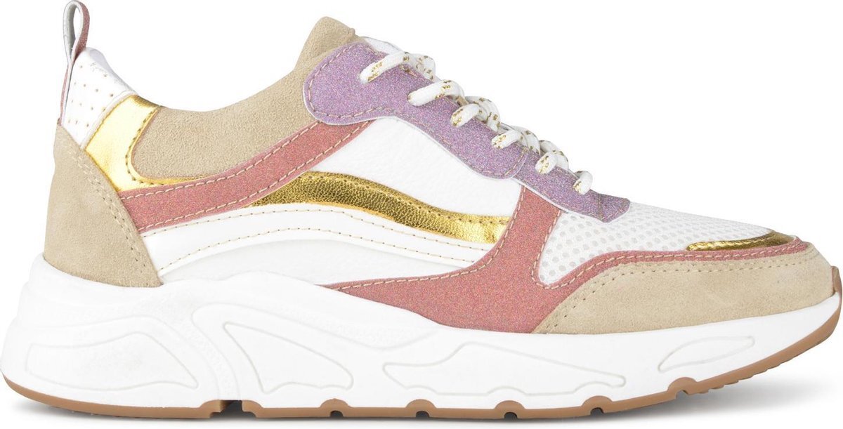 PS Poelman Carocel Dames Suède Leren Mix Runner Sneakers - Beige Wit Glitter Lila Rose Multi - Maat 36