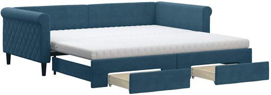 vidaXL Slaapbank met onderschuifbed en lades 100x200 cm fluweel blauw