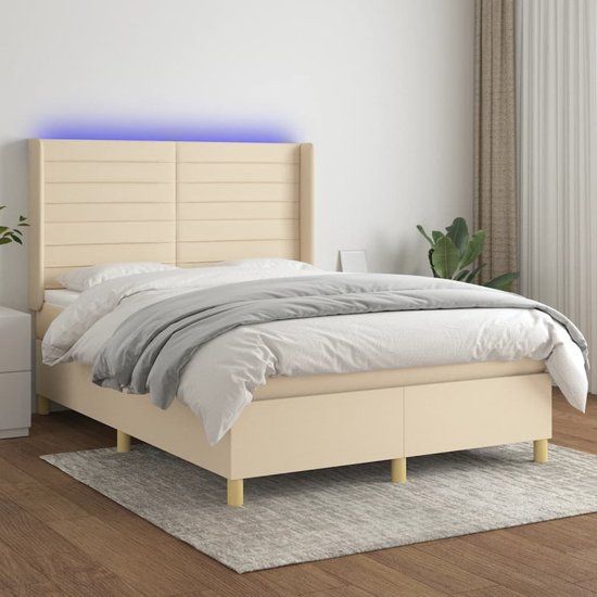 vidaXL Boxspring met matras en LED, stof, crèmekleurig, 140x200 cm