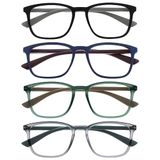 OPULIZE Max Reading Glasses 4 Pack - Classic Large Rectangular Frame - Matte Black, Blue, Green, Gray - Men & Women - Spring Hinges - RRRR78-1367 - +1.00