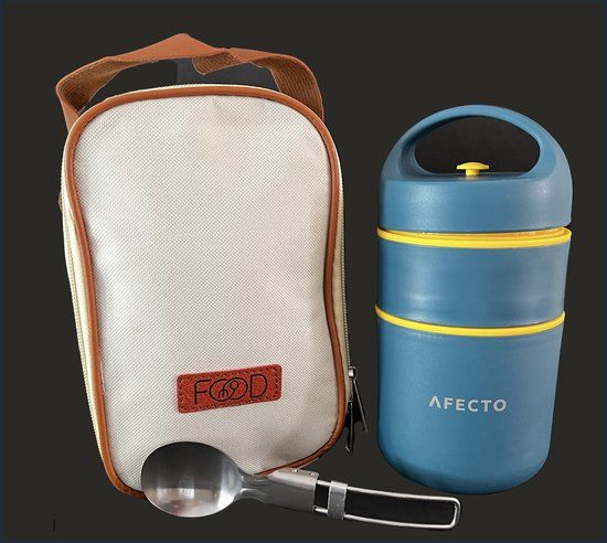 Afecto Lunchpot Set - Lunchbox with Bag and Folding Spoon - 0.68L - Blue/Yellow