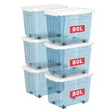 Cetomo 80L x 6 plastic opbergdozen met wielen, opbergdoos met deksel en veilige zijvergrendelingen, PP nestbare en stapelbare doorzichtige organizer voor thuis, kantoor, verhuizen, transparant blauw