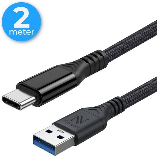 Nuvance USB A naar USB C Kabel - 2 Meter - Zwart