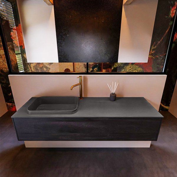 Mondiaz ERIN 150cm badmeubelset onderkast Dark brown met 1 lade Wastafel RIDGE links Dark grey ERIN12090