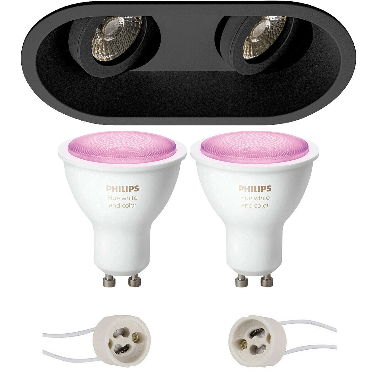 BES LED Pragmi Zano Pro - Inbouw Ovaal Dubbel - Mat Zwart - Kantelbaar - 185x93mm - Philips Hue - LED Spot Set GU10 - White and Color Ambiance - Bluetooth