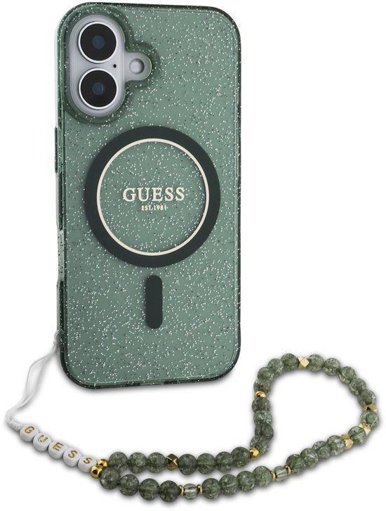 Guess MagSafe IML Glitter Case met beads strap geschikt voor iPhone 16 Pro Max - Green