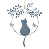 Katten decoratie deurkrans: metalen krans met kattenfiguur, decoratieve hanger voor deur muur raam, kat ornament voor interieur, zilver grijs, cadeau voor kattenliefhebbers, 22 x 28 cm