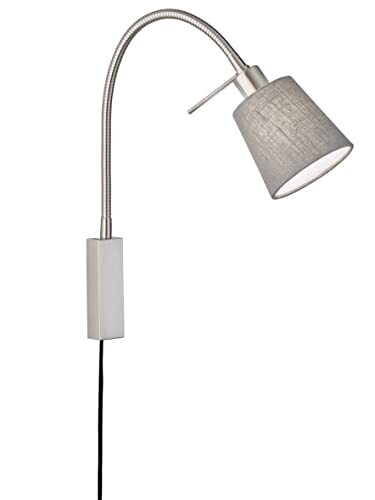 Fischer & Honsel Wandlamp Wolk met 3-in-1-systeem, bedleeslamp, wandspot nikkelkleurig met stoffen lampenkap van linnen in grijs, E14-fitting, 11 x 14 cm