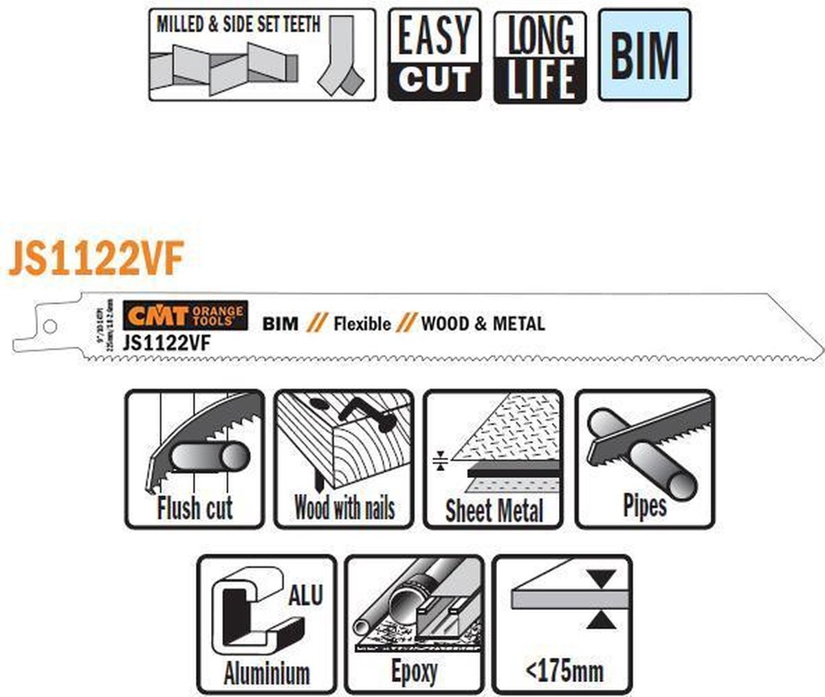 CMT js1122vf-5 – 5 Sabre Saw Blades voor hout/metaal (BIM) 225 x 2,5 x 10tpi