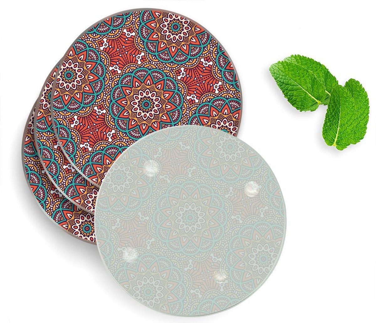 qMust 4 Luxe Glazen Onderzetters - Design Orientaalse Mandala - Rond