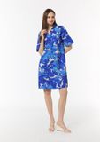 Comma - Katoenen jurk met overhemdkraag en all-over print - Koningsblauw