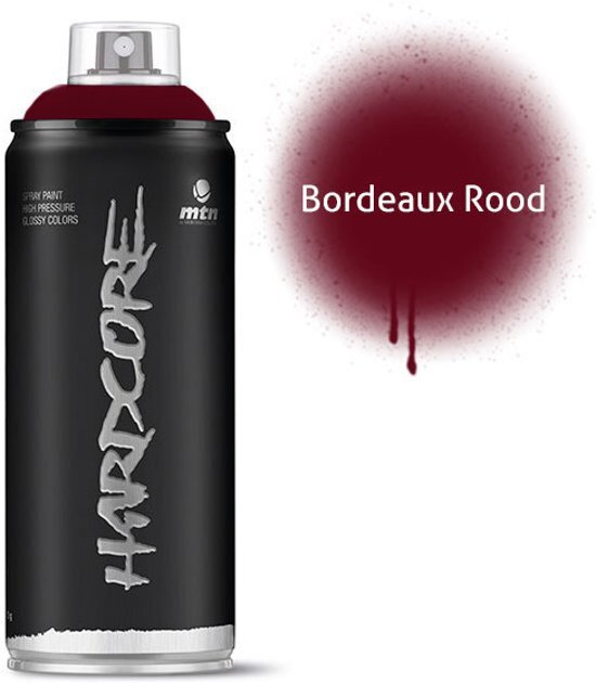 Montana-Colors 1x Hardcore2 spuitbus - 400ml Bordeaux rode spuitverf - Hoge druk en glossy afwerking - Spuitverf voor binnen en buiten gebruik voor vele doeleinden zoals klussen graffiti hobby en kunst