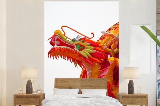 Nr1Wallpaper Behang - Fotobehang Rode Chinese draak witte achtegrond - Breedte 225 cm x hoogte 350 cm