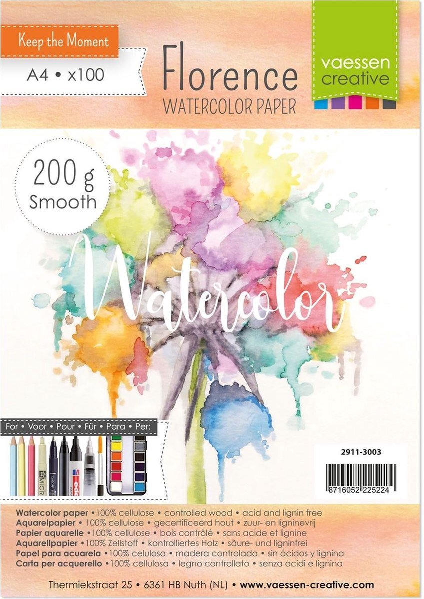 Vaessen Creative 2911-3003 Florence aquarelpapier A4 in ivoor wit, van 200 g/m2 glad papier, 100 vellen voor aquarelschilderen, handlettering en borstel lettering